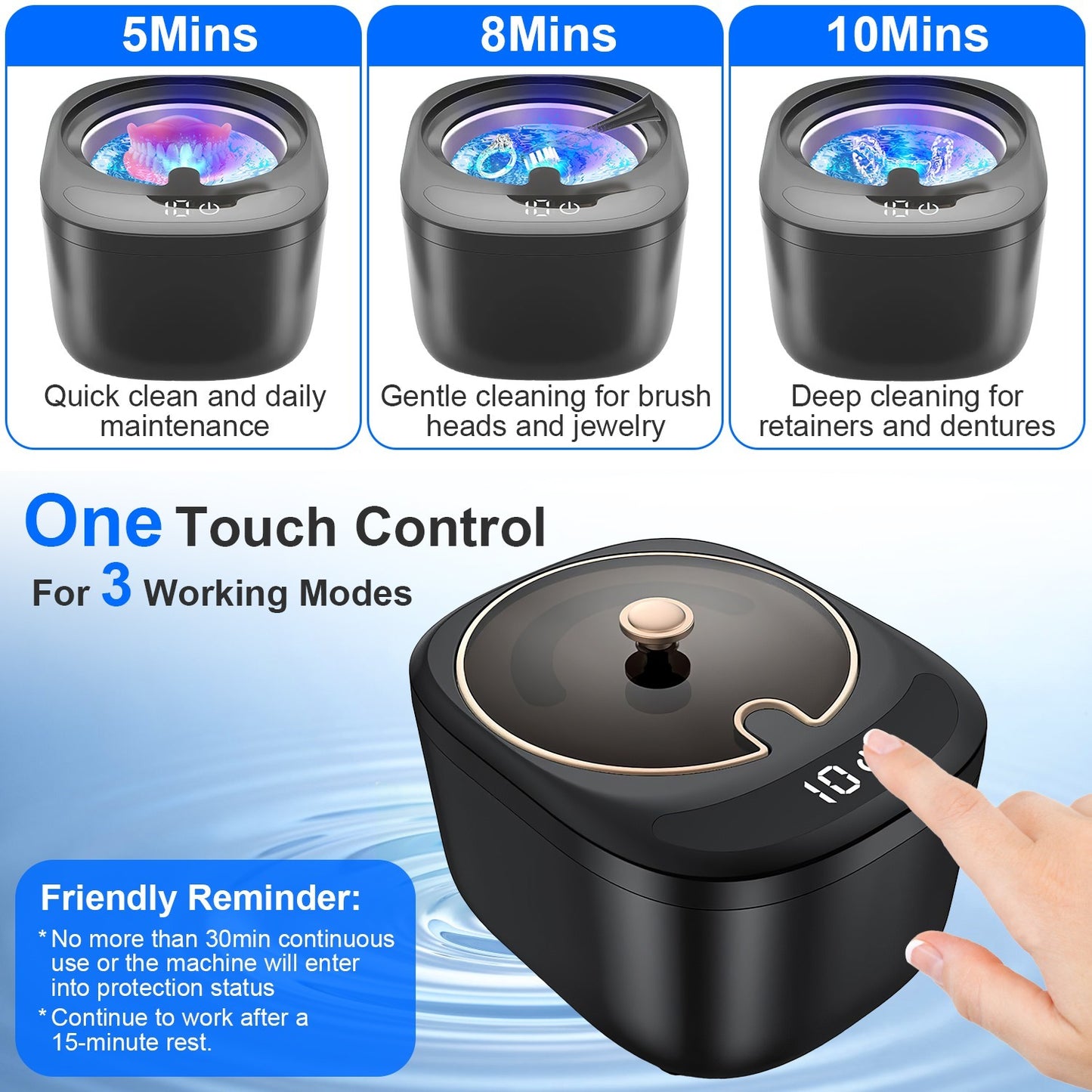45kHz Ultrasonic Cleaning Machine With 3 Modes 230ML Capacity UV Light For Denture Mouth Guard Aligner Dental Trays Braces Rings Jewelry