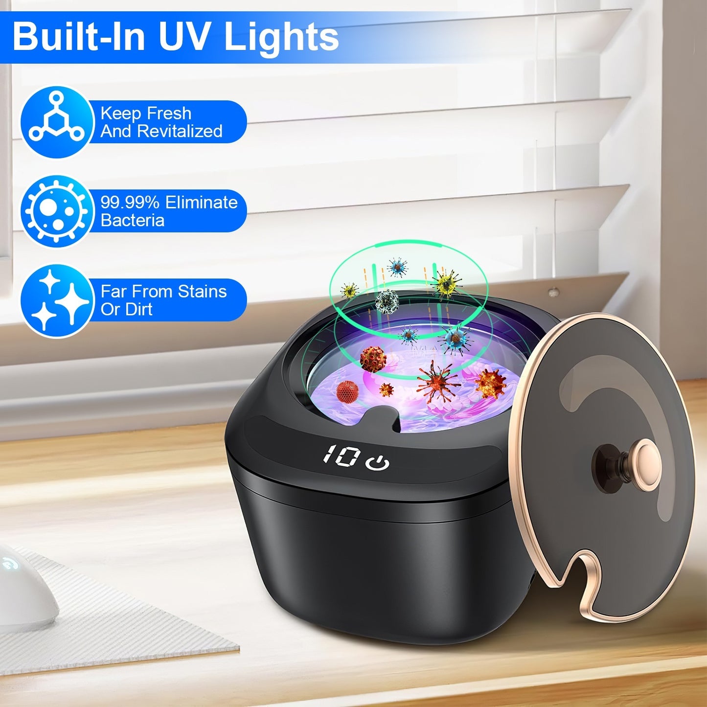45kHz Ultrasonic Cleaning Machine With 3 Modes 230ML Capacity UV Light For Denture Mouth Guard Aligner Dental Trays Braces Rings Jewelry